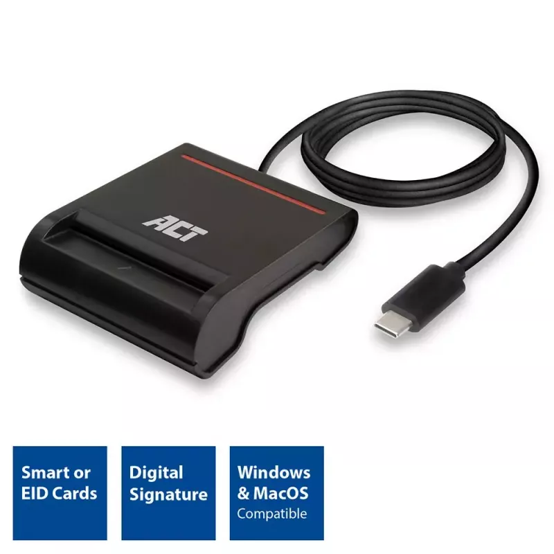 ACT ārējais USB-C viedkaršu eID karšu lasītājs, melns