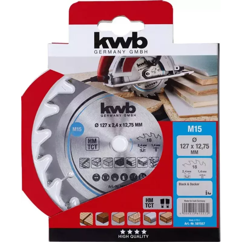 Riņķveida zāģa asmens KWB 581557 12.7 cm cietkokam, plastmasai, saplāksnim, mīkstkokam