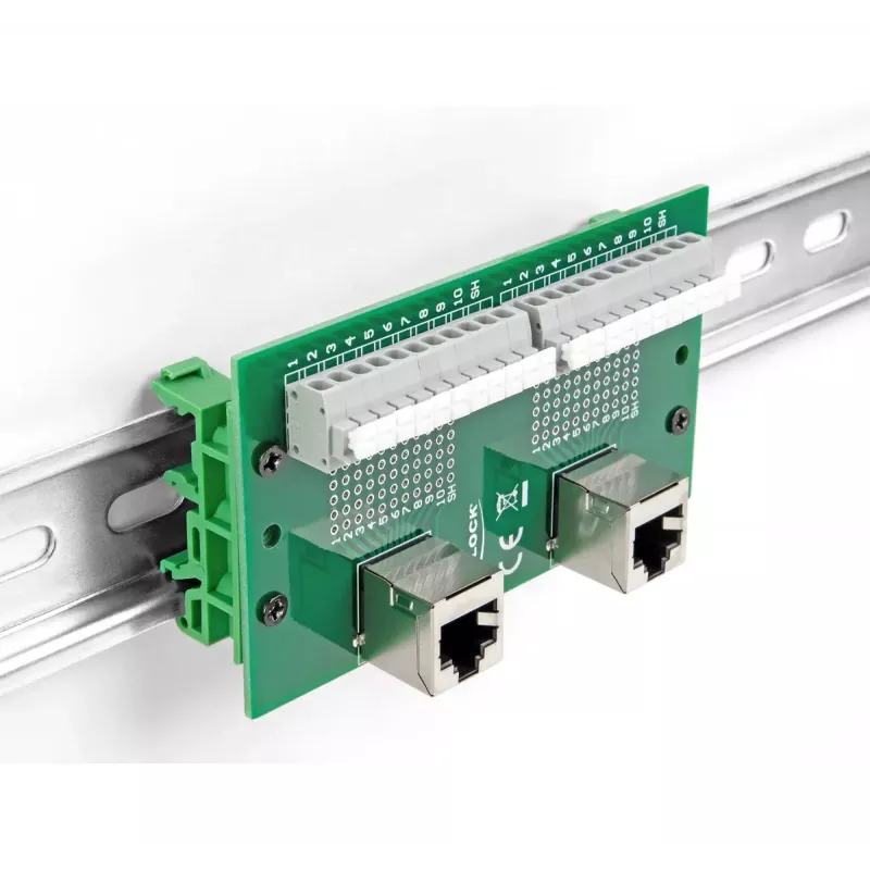 DeLOCK RJ50 2 x ligzda uz 2 x spaiļu bloks ar spiedpogu DIN sliedei leņķveida