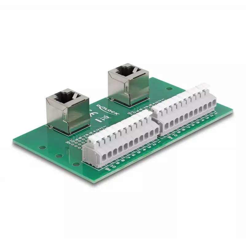 DeLOCK RJ50 2 x ligzda uz 2 x spaiļu bloks ar spiedpogu DIN sliedei leņķveida