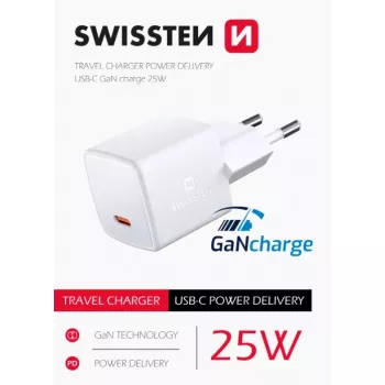 SWISSTEN Mini Travel Charger GaN 25W PD USB-C ātrais lādētājs tālruņiem un planšetdatoriem