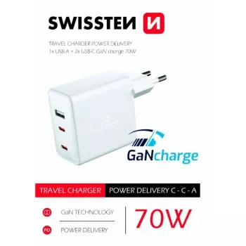 SWISSTEN Travel Charger GaN 70W 2×USB-C ātrais lādētājs klēpjdatoriem un tālruņiem