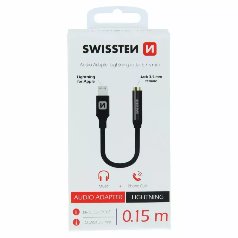 Audio adapter SWISSTEN Lightning to 3.5mm jack SW-LIGHT-3.5MM-BK, kabelis 0.15 m, Melns