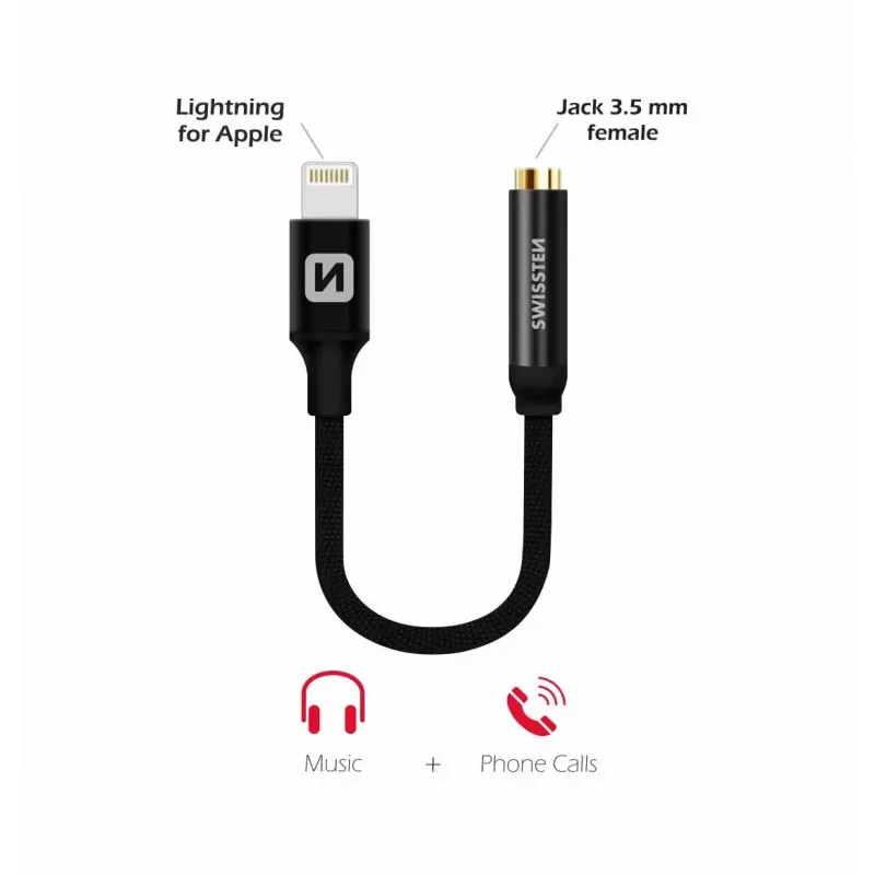Audio adapter SWISSTEN Lightning to 3.5mm jack SW-LIGHT-3.5MM-BK, kabelis 0.15 m, Melns