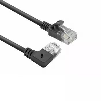 ACT melns 5 metru U/UTP CAT6A LSZH plāns komutācijas kabelis ar RJ45 savienotājiem 90° leņķī pa labi uz taisnu