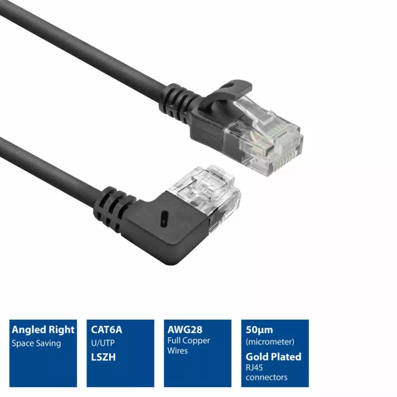 ACT melns 5 metru U/UTP CAT6A LSZH plāns komutācijas kabelis ar RJ45 savienotājiem 90° leņķī pa labi uz taisnu