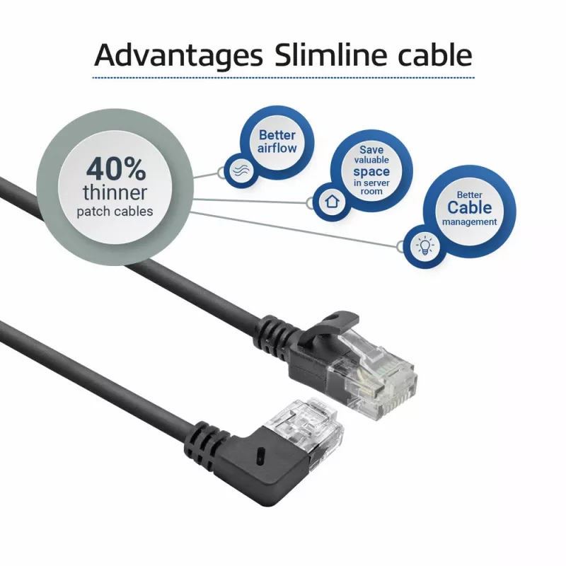ACT melns 5 metru U/UTP CAT6A LSZH plāns komutācijas kabelis ar RJ45 savienotājiem 90° leņķī pa labi uz taisnu