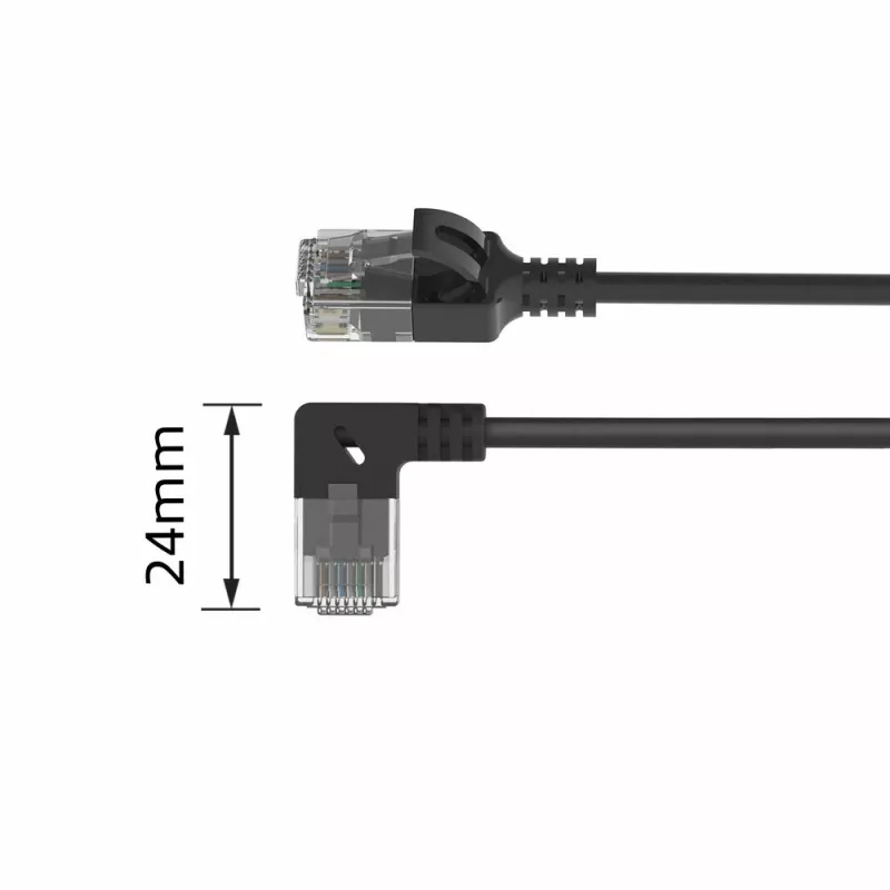 ACT Melns 1,5 m U/UTP CAT6A LSZH plāns ielāpu vads ar RJ45 savienotājiem 90° leņķī pa labi pret taisnu