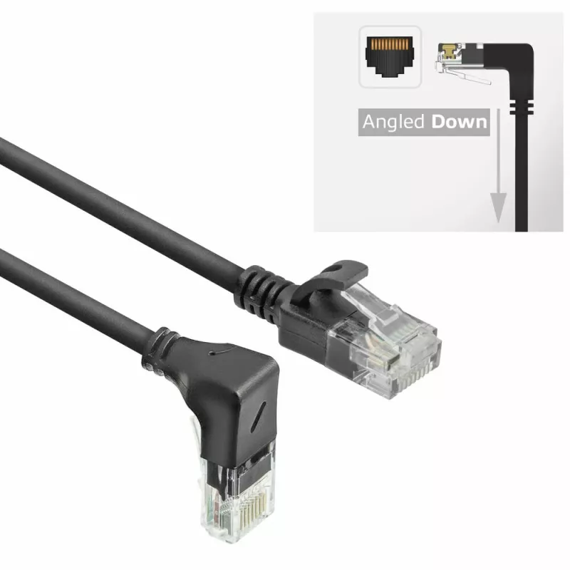 ACT melns 2 metru U/UTP CAT6A LSZH plāna ielāpu vads ar RJ45 savienotājiem, 90° leņķī uz leju pret taisnu