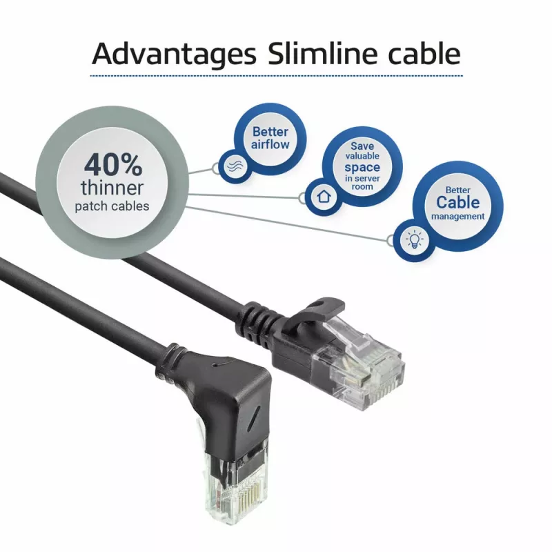 ACT melns 2 metru U/UTP CAT6A LSZH plāna ielāpu vads ar RJ45 savienotājiem, 90° leņķī uz leju pret taisnu
