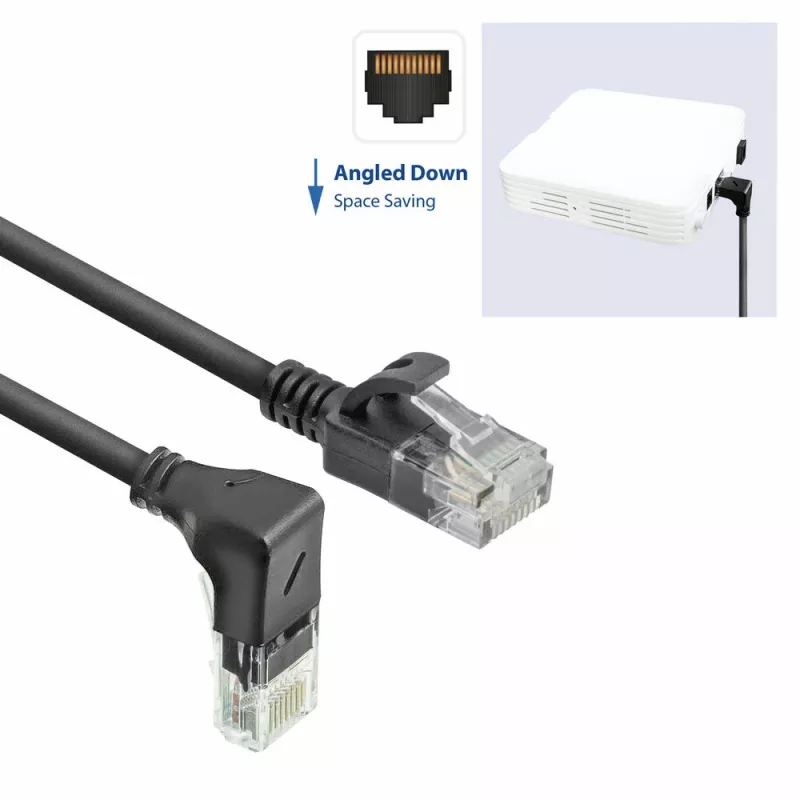 ACT melns 3 metru U/UTP CAT6A LSZH plānais komutācijas kabelis ar RJ45 savienotājiem 90° leņķī uz leju līdz taisnam