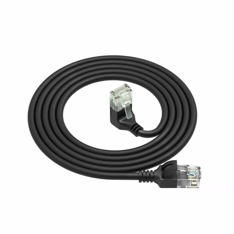 ACT melns 5 metru U/UTP CAT6A LSZH plānā pārlāpuma vads ar RJ45 savienotājiem, 90° leņķī uz leju – taisns