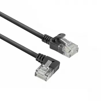ACT Melns 0,25 m U/UTP CAT6A LSZH plānais komutācijas kabelis ar RJ45 savienotājiem 90° leņķī pa kreisi pret taisnu