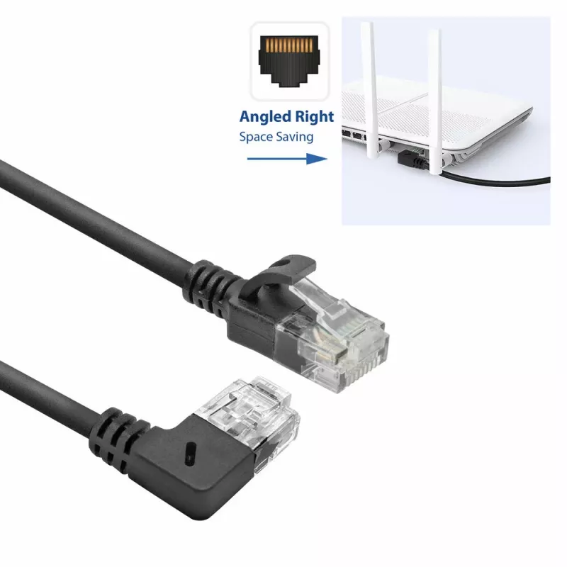 ACT Melns 0,5 m U/UTP CAT6A LSZH plānais savienotājkabelis ar RJ45 savienotājiem 90° leņķī pa labi un taisnu