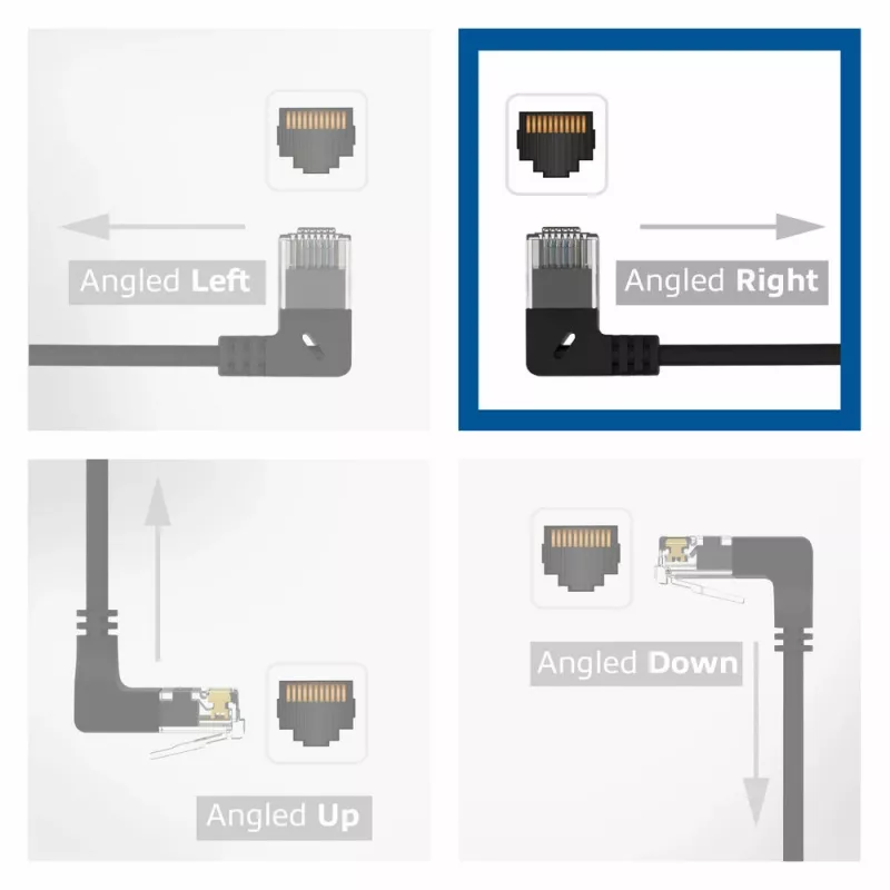 ACT Melns 0,5 m U/UTP CAT6A LSZH plānais savienotājkabelis ar RJ45 savienotājiem 90° leņķī pa labi un taisnu