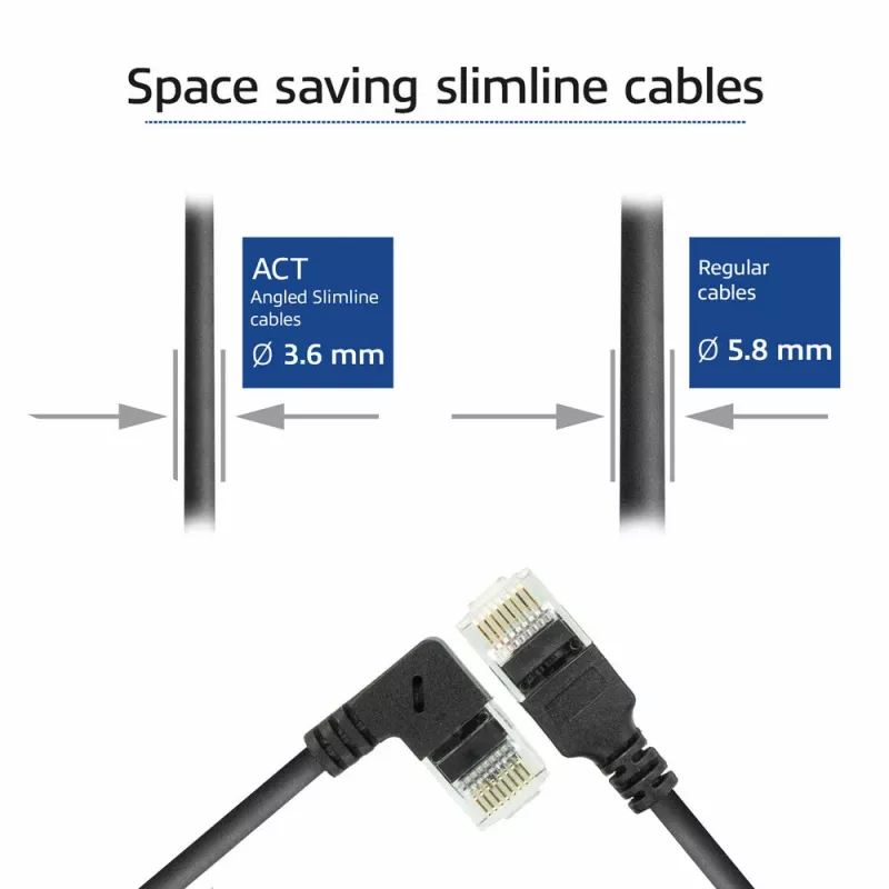 ACT melns 0,25 metri U/UTP CAT6A LSZH plāns ielāps vads ar RJ45 savienotājiem 90° leņķī pa labi pret taisnu
