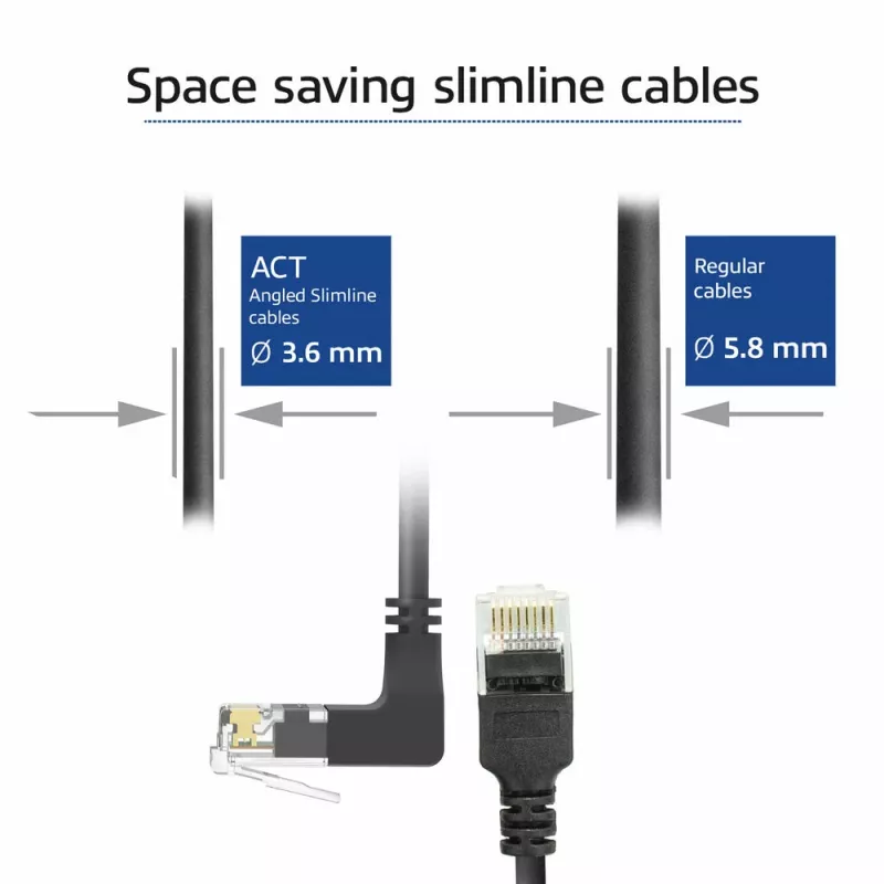 ACT Melns 0,5 metri U/UTP CAT6A LSZH plāns komutācijas kabelis ar RJ45 savienotājiem, 90° leņķī uz augšu līdz taisnam