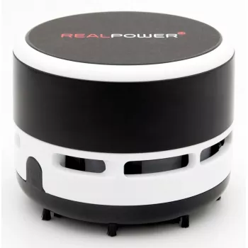 Rokas putekļsūcējs RealPower Mini Hoover-1 — darbināms ar baterijām, sausā tīrīšana, bezmaisa, AA baterijas, 90 min darbības laiks, melns/balt