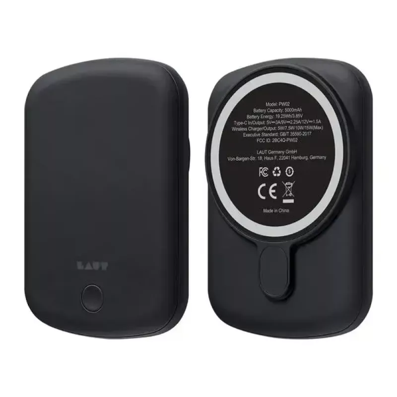 Ārējais akumulators LAUT PW02 5000 mAh bezvadu uzlāde melns