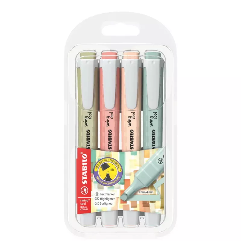STABILO Highlighter swing cool NatureCOLORS maciņā ar 4 marķieriem smilškrāsas, zaļā un rozā krāsā