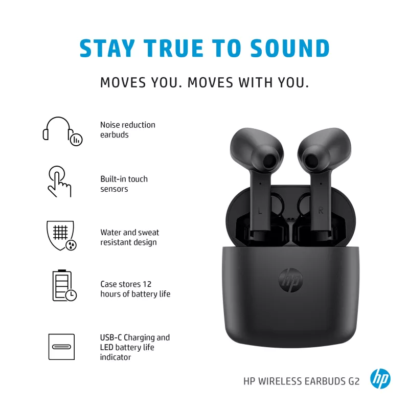HP Wireless Earbuds G2, bezvadu, mūzikai, 12 g, austiņas, melnas