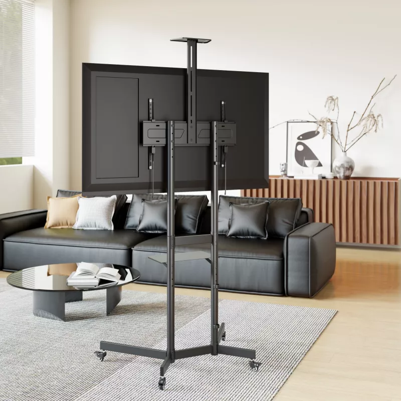 TV statīvs uz riteņiem EQUIP 37 collas–70 collas Economy 37–70 collu ekrāniem, 70 kg ietilpība, VESA 100x100–600x400, augstums 1337–1430 mm, slīpums -10°–5°, melns