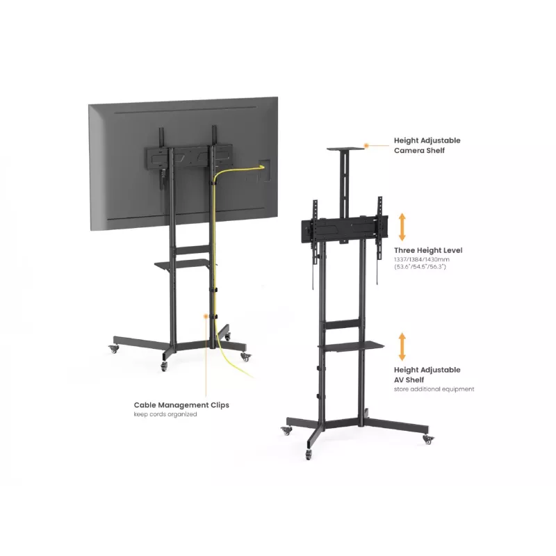 TV statīvs uz riteņiem EQUIP 37 collas–70 collas Economy 37–70 collu ekrāniem, 70 kg ietilpība, VESA 100x100–600x400, augstums 1337–1430 mm, slīpums -10°–5°, melns