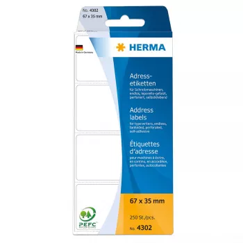 Adrešu uzlīmes HERMA nepārtrauktas, salocītas, 67x37 mm, balts papīrs, 250 gab.