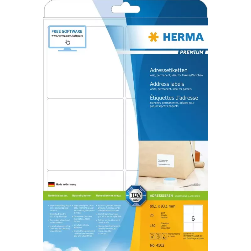 Adrešu uzlīmes Premium HERMA 4502 A4 99,1x93,1 mm