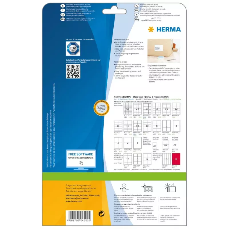 Adrešu uzlīmes Premium HERMA 4502 A4 99,1x93,1 mm
