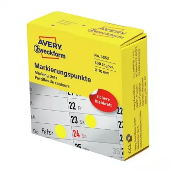 Pašlīmējošās apaļās uzlīmes Avery 3852, 1 cm diametrs, pastāvīga līme, 800 gab., dzeltenas