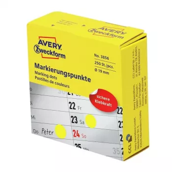 Pašlīmējoša apaļa uzlīme Avery Zweckform 3856 — dzeltena, pastāvīgs adhezīvs, 1,9 cm, 250 gab.