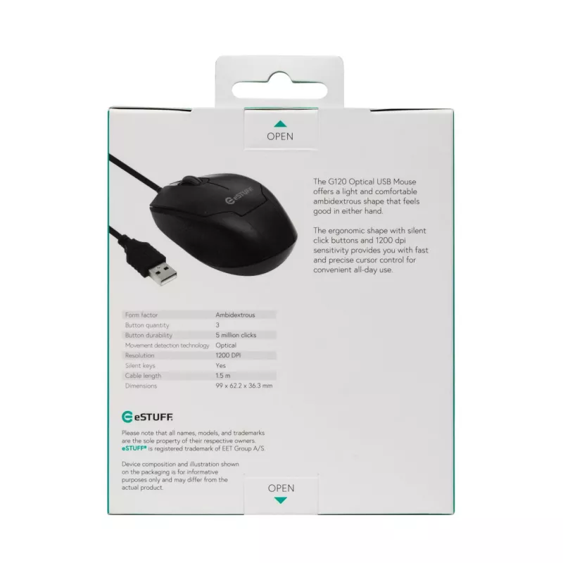eSTUFF GLB213002 pele Birojam Piemērota abām rokām USB A tipa Optiskā 1200 DPI