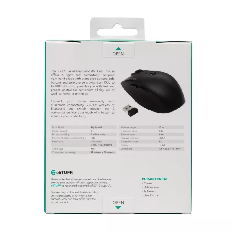 eSTUFF GLB214002 pele Birojs Labrocīga RF bezvadu + Bluetooth IR LED 1800 DPI