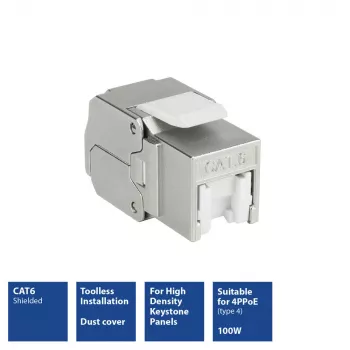 ACT Keystone ligzda RJ45 CAT6 ekranēta bezinstrumentu ar aizvaru, sudrabaini balta