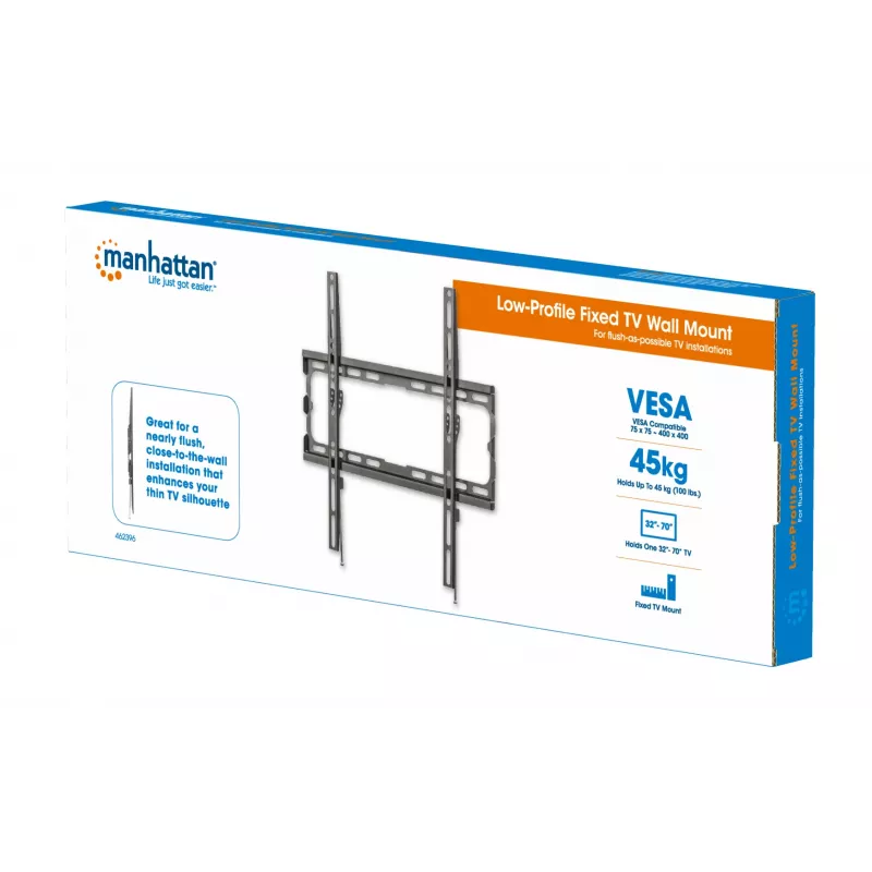 Manhattan Wall Mount for TV & Monitors (Fixed), For screens 32 inch to 55 inch, VESA compatibility: all between 200x200mm to 400x400mm - check the dimensions of the four mounting holes on back of screen to ensure it fits, Max 40kg, Melns, Bracket