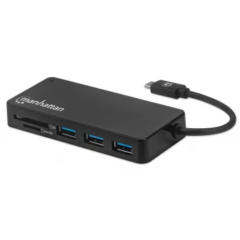 Manhattan USB-C dokstacija/rumba ar karšu lasītāju, porti (x3): USB-A (x3), 5 Gbps (USB 3.2 Gen1 jeb USB 3.0), ārējais barošanas avots nav nepieciešams, universāla visām ierīcēm, SuperSpeed USB, melna, trīs gadu garantija