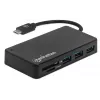 Manhattan USB-C dokstacija/rumba ar karšu lasītāju, porti (x3): USB-A (x3), 5 Gbps (USB 3.2 Gen1 jeb USB 3.0), ārējais barošanas avots nav nepieciešams, universāla visām ierīcēm, SuperSpeed USB, melna, trīs gadu garantija