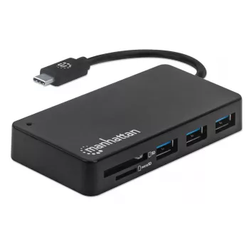 Manhattan USB-C dokstacija/rumba ar karšu lasītāju, porti (x3): USB-A (x3), 5 Gbps (USB 3.2 Gen1 jeb USB 3.0), ārējais barošanas avots nav nepieciešams, universāla visām ierīcēm, SuperSpeed USB, melna, trīs gadu garantija