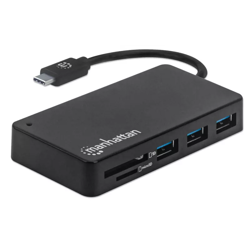 Manhattan USB-C dokstacija/rumba ar karšu lasītāju, porti (x3): USB-A (x3), 5 Gbps (USB 3.2 Gen1 jeb USB 3.0), ārējais barošanas avots nav nepieciešams, universāla visām ierīcēm, SuperSpeed USB, melna, trīs gadu garantija