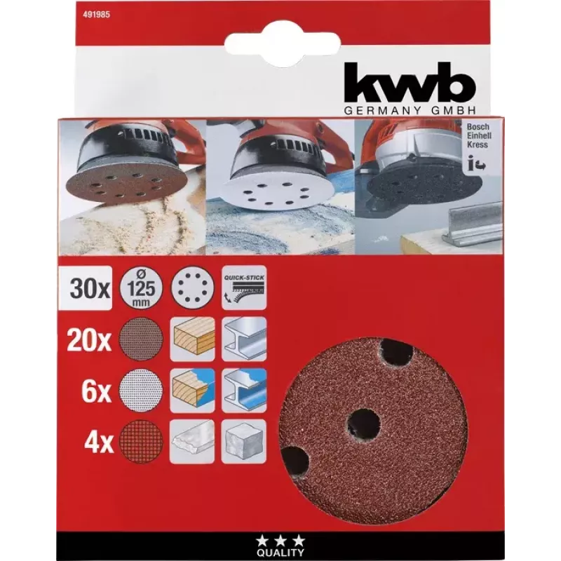 Slīpēšanas disku komplekts kwb Quick-stick, 30 gab., 11,5 cm, korunds