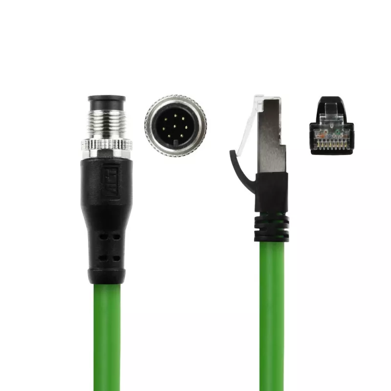 ACT Industrial 3,00 metru sensoru kabelis M12A 8 kontaktu tēviņš uz RJ45 tēviņš, Ultraflex SF/UTP TPE kabelis, ekranēts