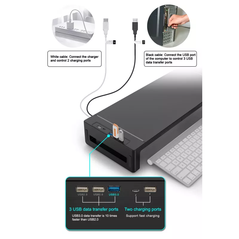 Monitora statīvs EQUIP Ergonomisks monitora statīvs ar USB (USB-A x4, USB-C x1), brīvi stāvošs, 25 kg, melns