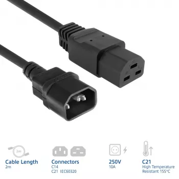 Strāvas vads ACT C14–C21 IEC60320, 2 m, 250 V, 10 A, melns