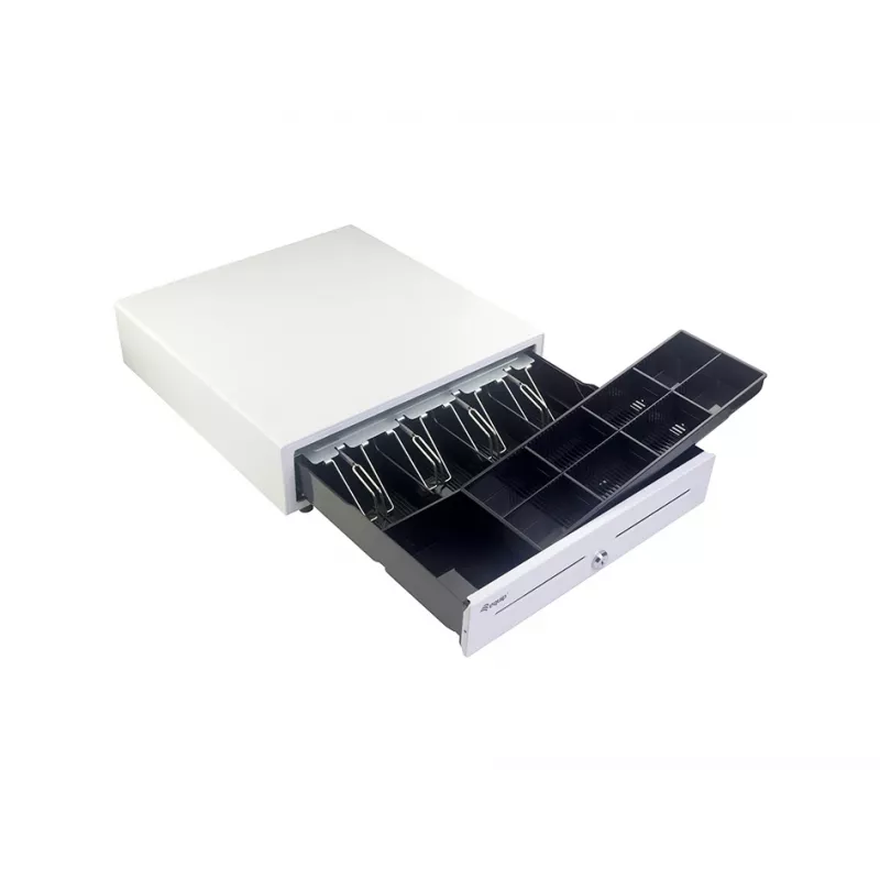 Kases atvilktne EQUIP 351011, manuāla/automātiska POS atvilktne, 4 banknošu / 8 monētu nodalījumi, metāla, balta, 420×405×110 mm