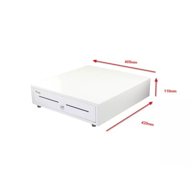 Kases atvilktne EQUIP 351011, manuāla/automātiska POS atvilktne, 4 banknošu / 8 monētu nodalījumi, metāla, balta, 420×405×110 mm