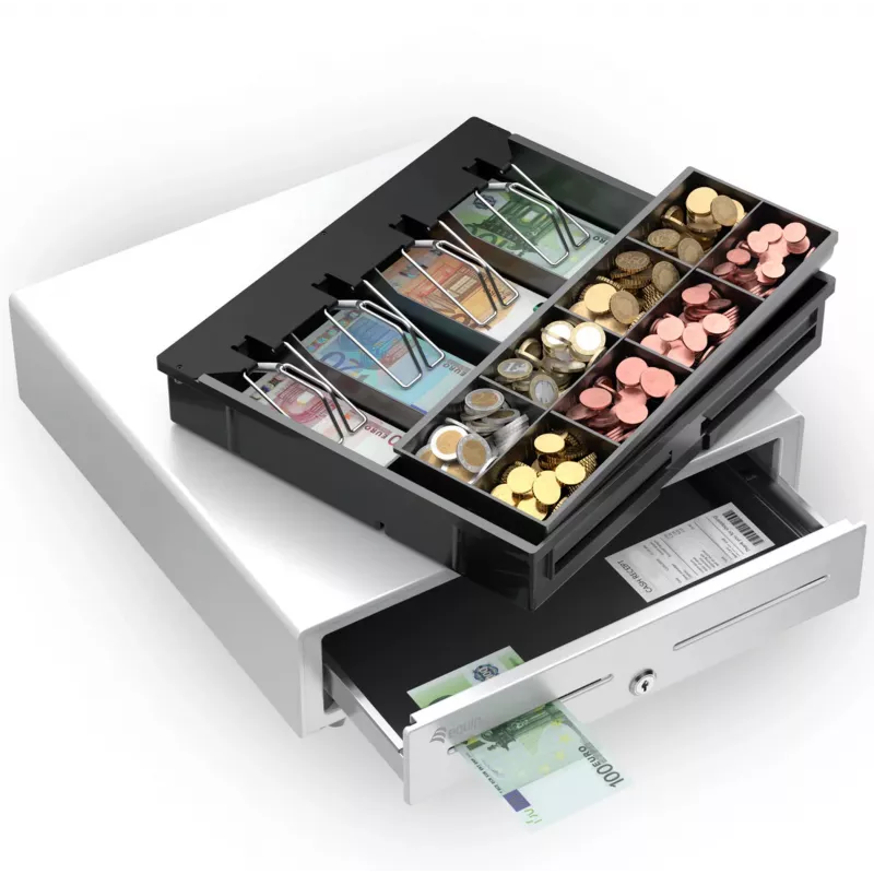 Kases atvilktne EQUIP 351011, manuāla/automātiska POS atvilktne, 4 banknošu / 8 monētu nodalījumi, metāla, balta, 420×405×110 mm
