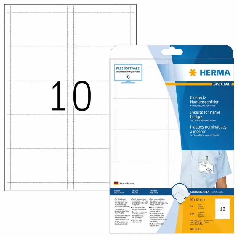 Vārda zīmju ieliktņi HERMA A4 90x54 mm balts kartons 250 gab.