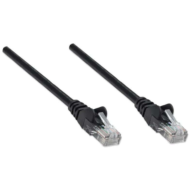Intellinet tīkla komutācijas kabelis, Cat5e, 0,25 m, melns, CCA, U/UTP, PVC, RJ45, zelta pārklājuma kontakti, neaizķerams, ar uzmavu, mūža garantija