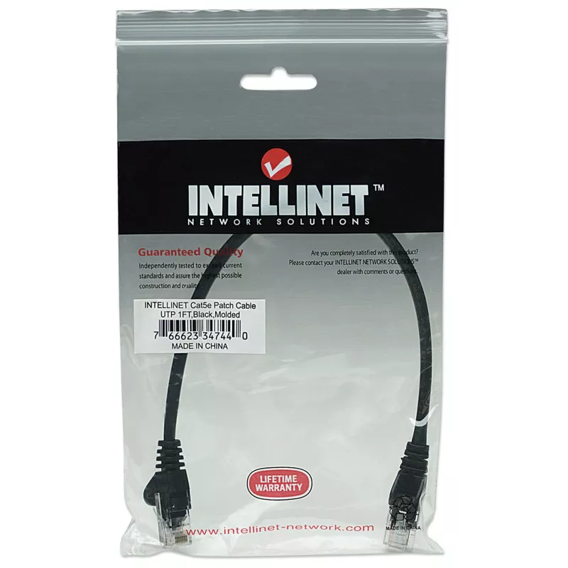 Intellinet tīkla komutācijas kabelis, Cat5e, 0,25 m, melns, CCA, U/UTP, PVC, RJ45, zelta pārklājuma kontakti, neaizķerams, ar uzmavu, mūža garantija
